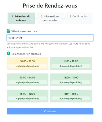 Formulaire de prise de rendez-vous : choix de la date et du créneau