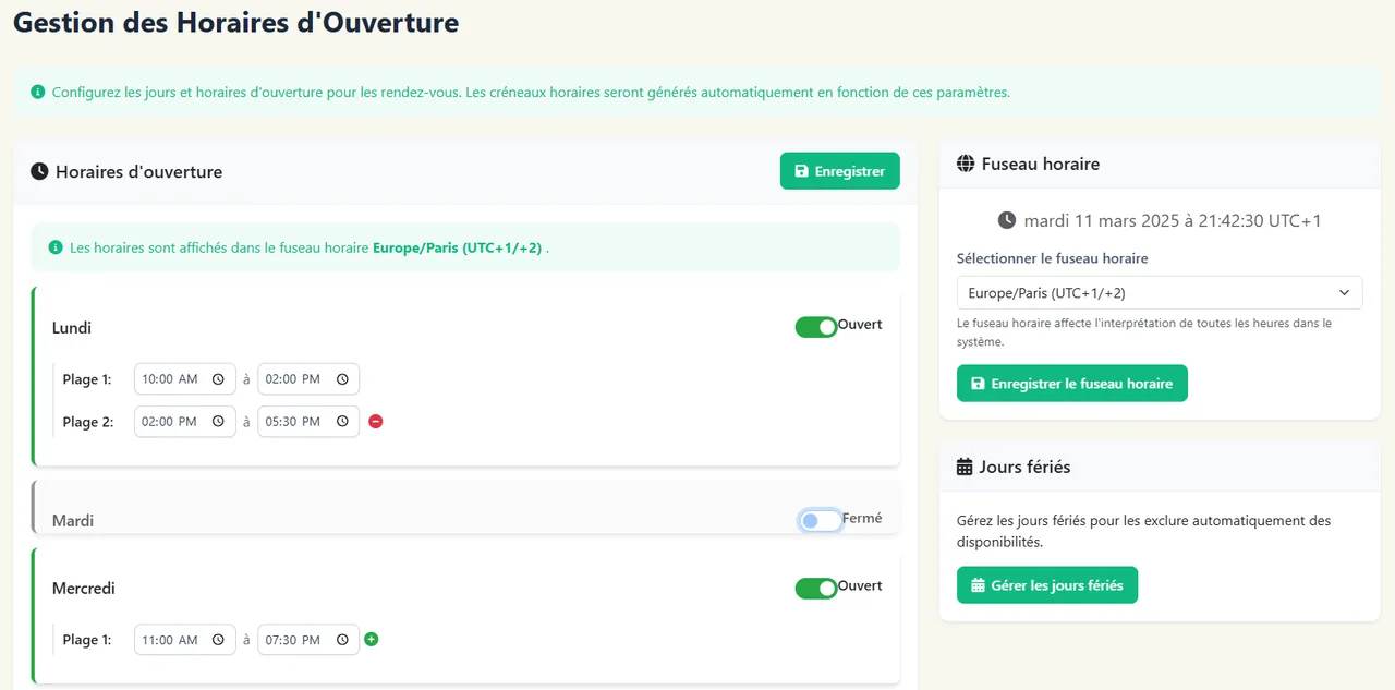 Écran de gestion des horaires d'ouverture et du fuseau horaire