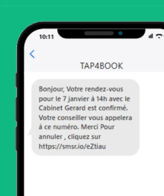 SMS de confirmation de rendez-vous tap4Book sur un téléphone